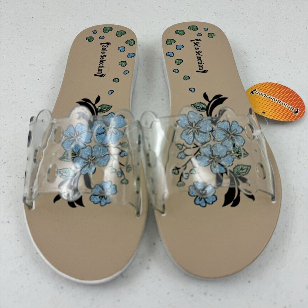 Sole Selection Women's Sandals Beige w/ Blue Glittery Flowers Large 9/10 (39)